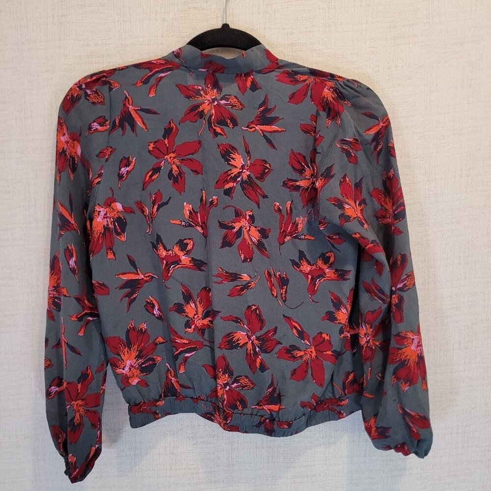 Madewell Silk Wrap Balloon Top Womens XS Shirt Green Floral Blouse 3/4 Sleeve - Picture 2 of 11